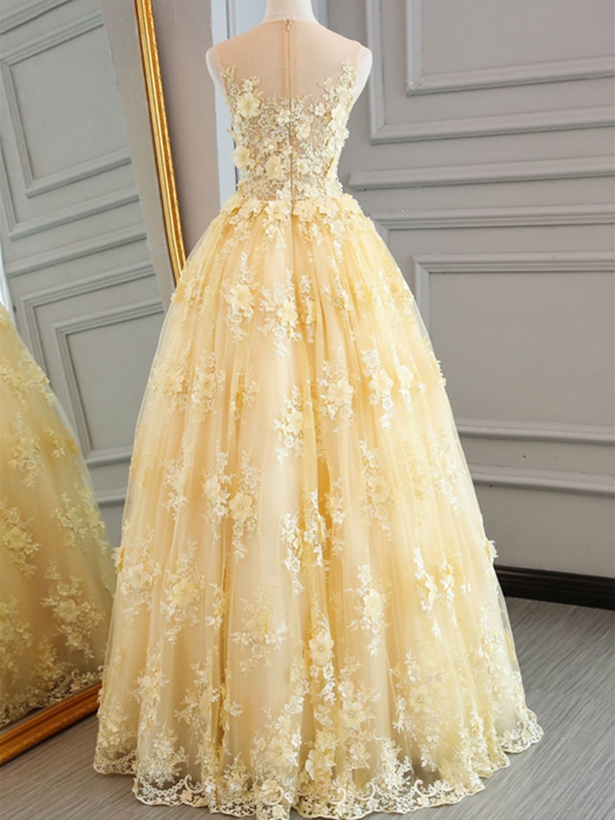 Round Neck Appliques Lace Prom, Yellow Lace Formal, Evening Dresses