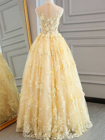 Round Neck Appliques Lace Prom, Yellow Lace Formal, Evening Dresses