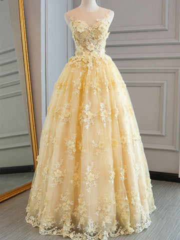 Round Neck Appliques Lace Prom, Yellow Lace Formal, Evening Dresses