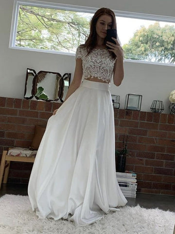 Round Neck Cap Sleeves Two Pieces Lace Prom