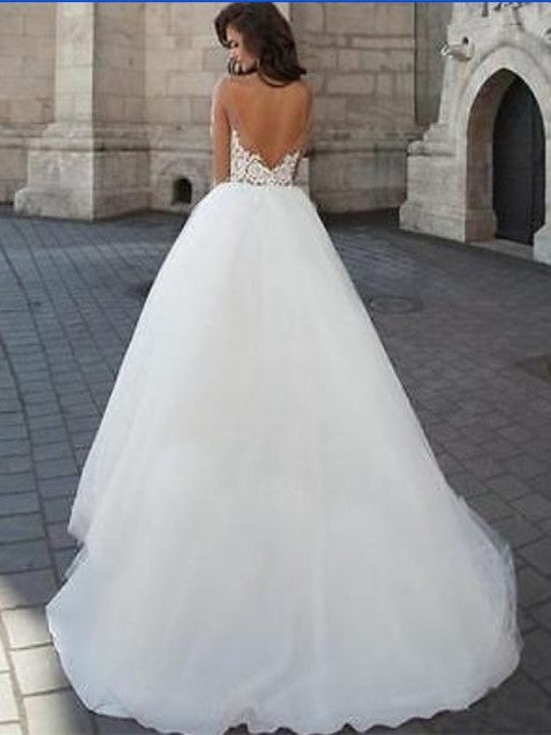 Backless Round Neck Long Sleeves  Lace White Wedding, Lace White Prom, Prom Gown, Formal Dresses