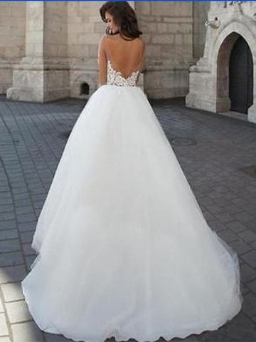 Backless Round Neck Long Sleeves  Lace White Wedding, Lace White Prom, Prom Gown, Formal Dresses