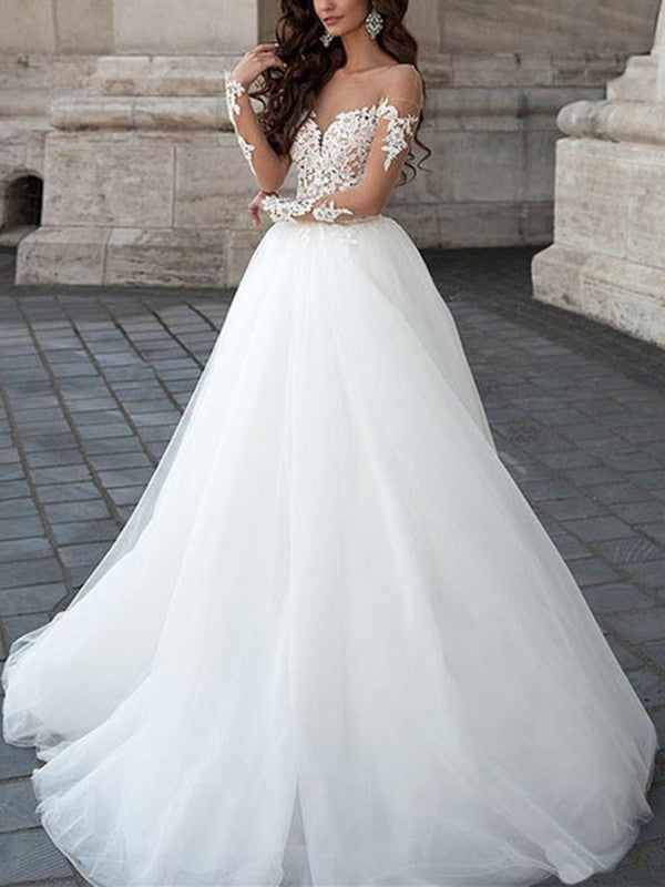 Backless Round Neck Long Sleeves  Lace White Wedding, Lace White Prom, Prom Gown, Formal Dresses