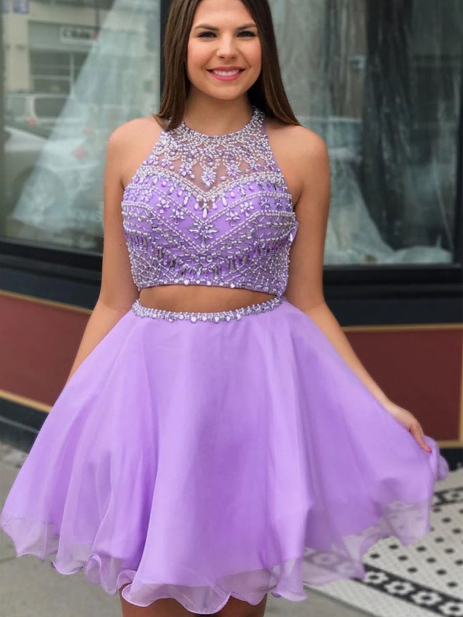 Round Neck Two Pieces Beaded Short Prom Homecoming, Formal Graduation Evening