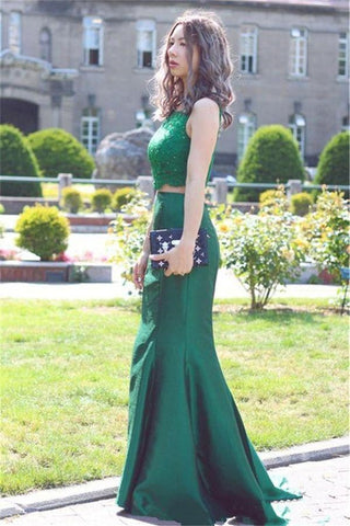 Round Neck Two Pieces Mermaid Beaded Lace  Prom, Mermaid Lace  Formal, Evening