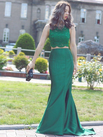 Round Neck Two Pieces Mermaid Beaded Lace  Prom, Mermaid Lace  Formal, Evening