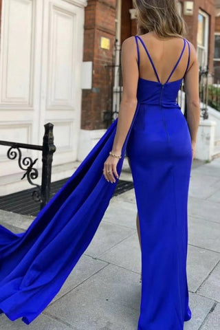 Mermaid Deep V-Neck Strapped  Prom Dress with Split and Ruffles