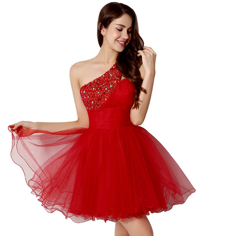 Glamorous Red One - shoulder Embellished Tulle Prom Dress , SD230