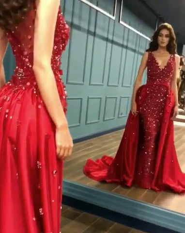 Sexy Red Crystal Sequins Ruffles Long Prom Dresses, Evening Gowns