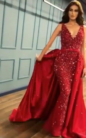 Sexy Red Crystal Sequins Ruffles Long Prom Dresses, Evening Gowns