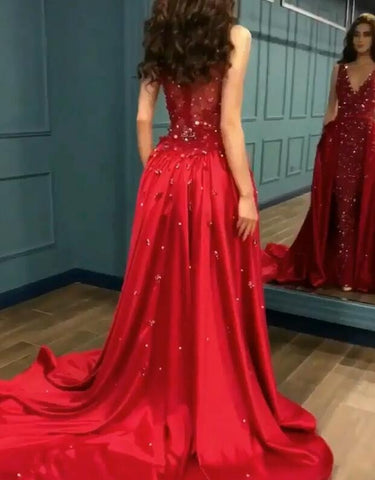 Sexy Red Crystal Sequins Ruffles Long Prom Dresses, Evening Gowns