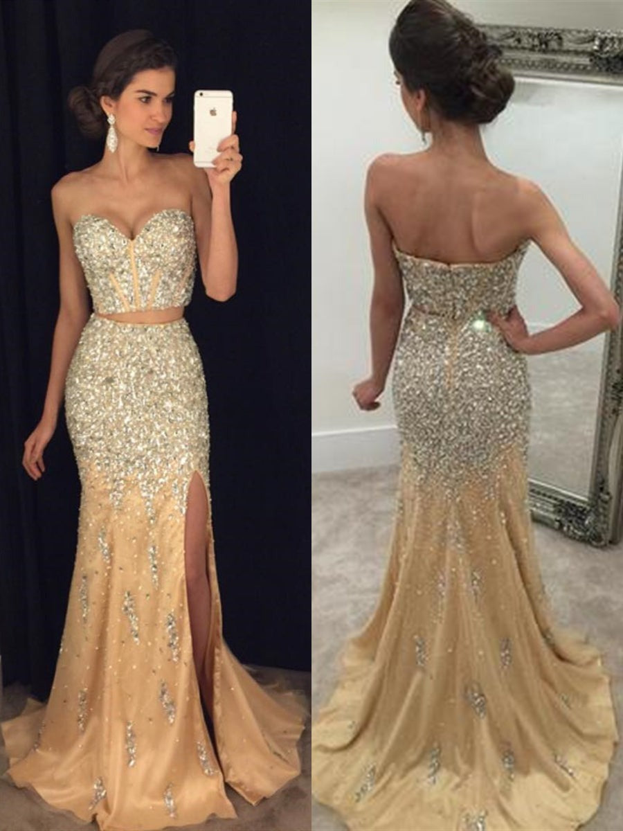 Sweetheart Neck Two Pieces Mermaid Beaded Champagne Prom Dress