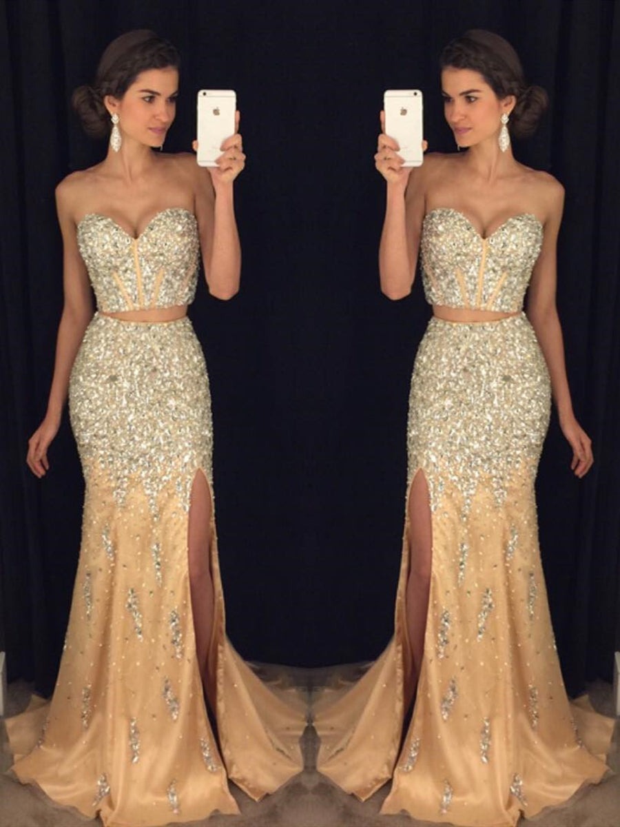 Sweetheart Neck Two Pieces Mermaid Beaded Champagne Prom Dress