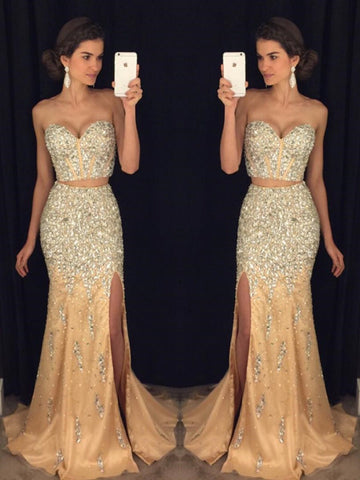 Sweetheart Neck Two Pieces Mermaid Beaded Champagne Prom Dress