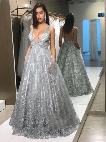 Sexy Backless V Neck  Long Lace Prom,Formal, Evening Dresses
