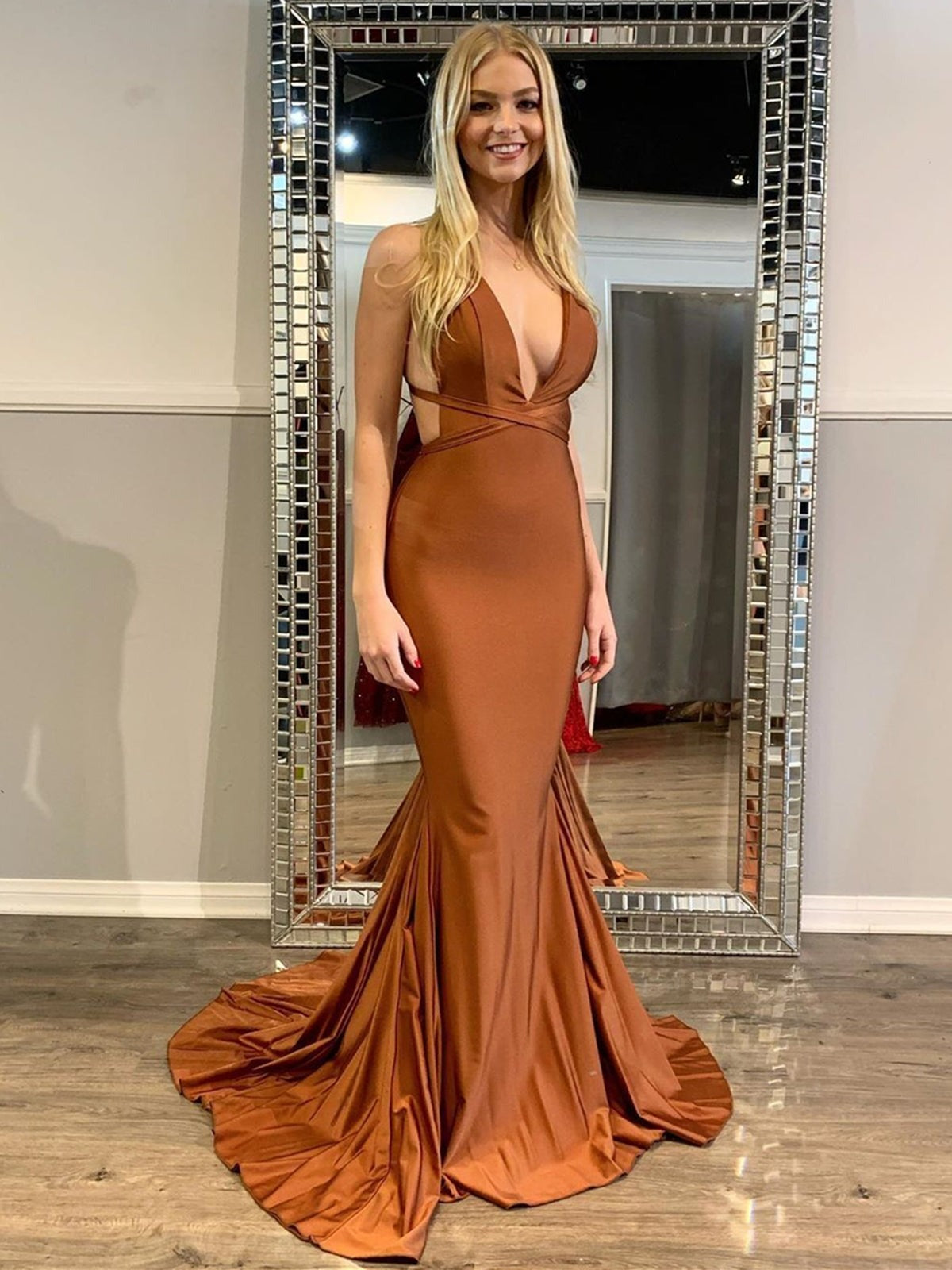 Sexy Backless V Neck  Mermaid Clay Satin Long Prom, Formal, Evening Dresses