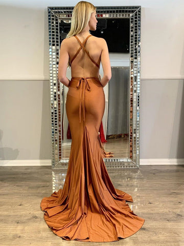 Sexy Backless V Neck  Mermaid Clay Satin Long Prom, Formal, Evening Dresses