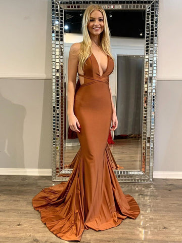 Sexy Backless V Neck  Mermaid Clay Satin Long Prom, Formal, Evening Dresses
