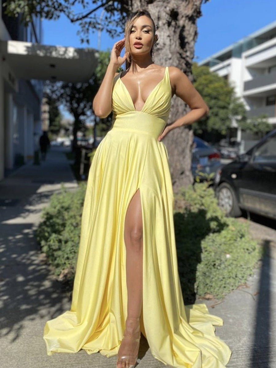 V Neck Backless Long Prom with Split, Formal, Graduation Evening Dresses