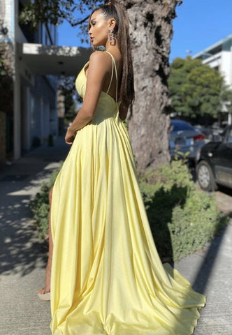 V Neck Backless Long Prom with Split, Formal, Graduation Evening Dresses