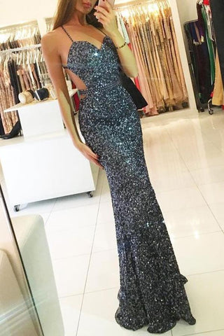 Mermaid Open Back Spaghetti Strap Sequins Long Prom Dresses