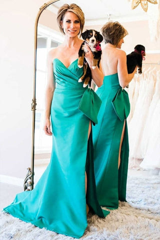 Sheath Strapless Long Satin Prom Dress with Split ,Party Dress