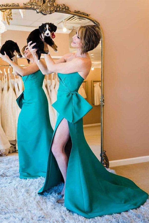 Sheath Strapless Long Satin Prom Dress with Split ,Party Dress