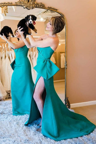 Sheath Strapless Long Satin Prom Dress with Split ,Party Dress