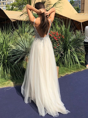 A Line V Neck Backless Sequins Long Prom,  Formal Graduation Evening Dresses