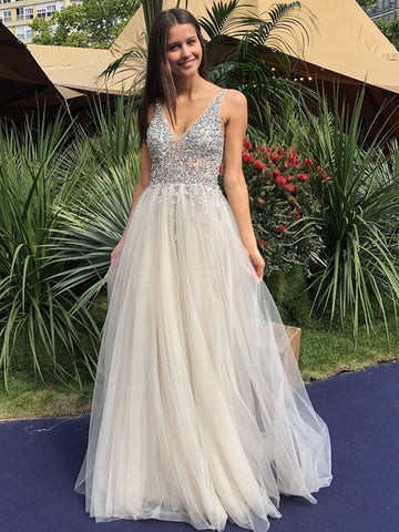A Line V Neck Backless Sequins Long Prom,  Formal Graduation Evening Dresses