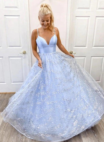 Shiny A Line V Neck Sequins  Prom, Long Formal Evening Dresses