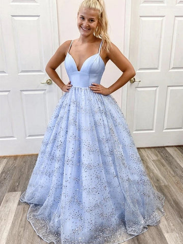 Shiny A Line V Neck Sequins  Prom, Long Formal Evening Dresses