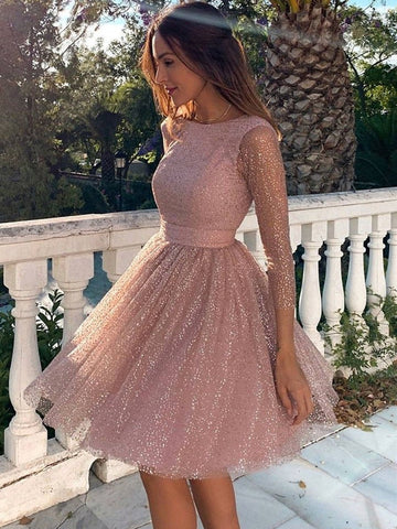 Long Sleeves Sequins Short Prom, Formal Graduation Homecoming Dresses