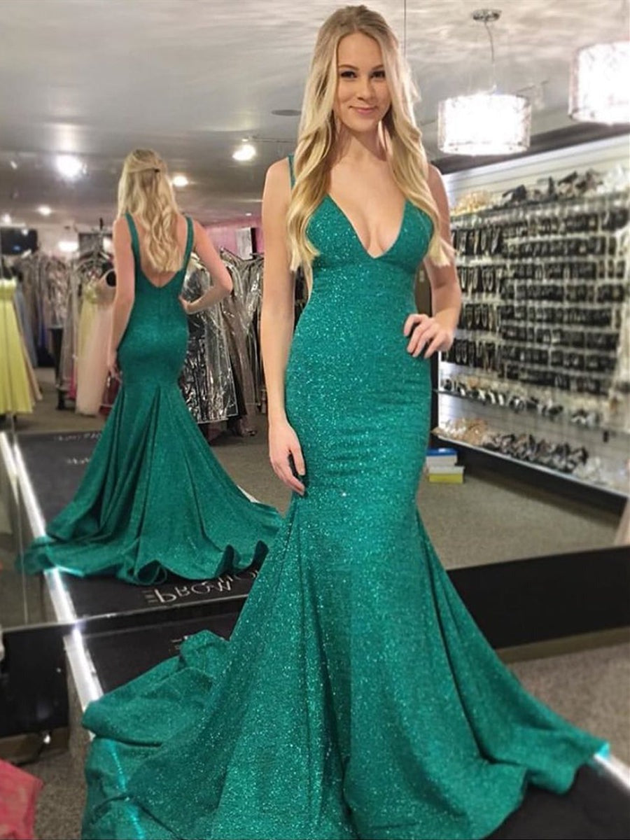 Shiny Mermaid V Neck Backless  Prom with Train, Formal, Evening Dress