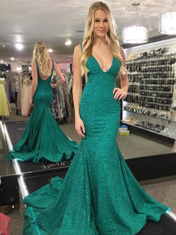Shiny Mermaid V Neck Backless  Prom with Train, Formal, Evening Dress