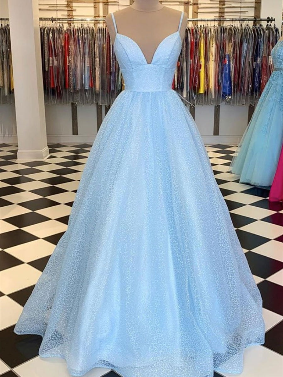 Shiny Sequins V Neck Long  Prom with Straps, Formal Graduation Evening Dresses