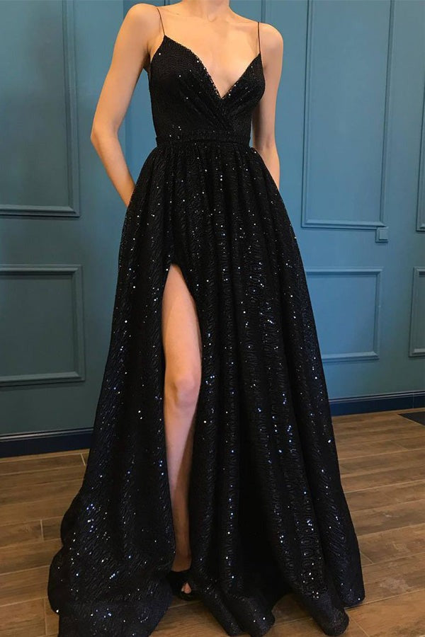 Shiny Side Slit Spaghetti Straps Prom Dress With Pocket