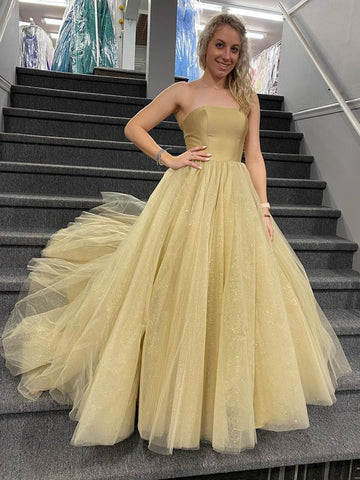 Shiny Strapless Tulle Champagne Long Prom Dresses, Formal Evening Dresses, Ball Dresses