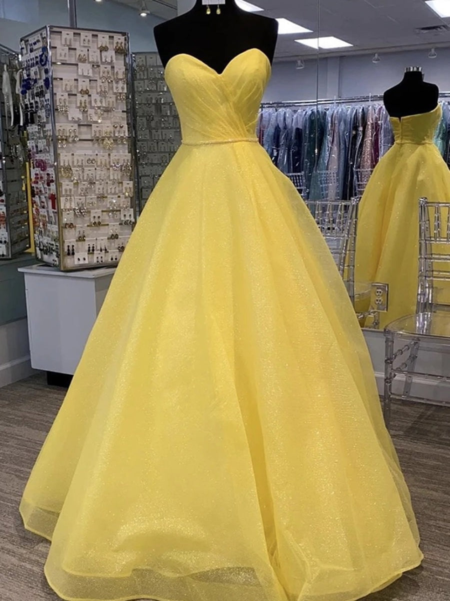 Shiny Yellow Strapless Open Back Sequins  Prom Dresses, Formal Evening Dresses,  Ball