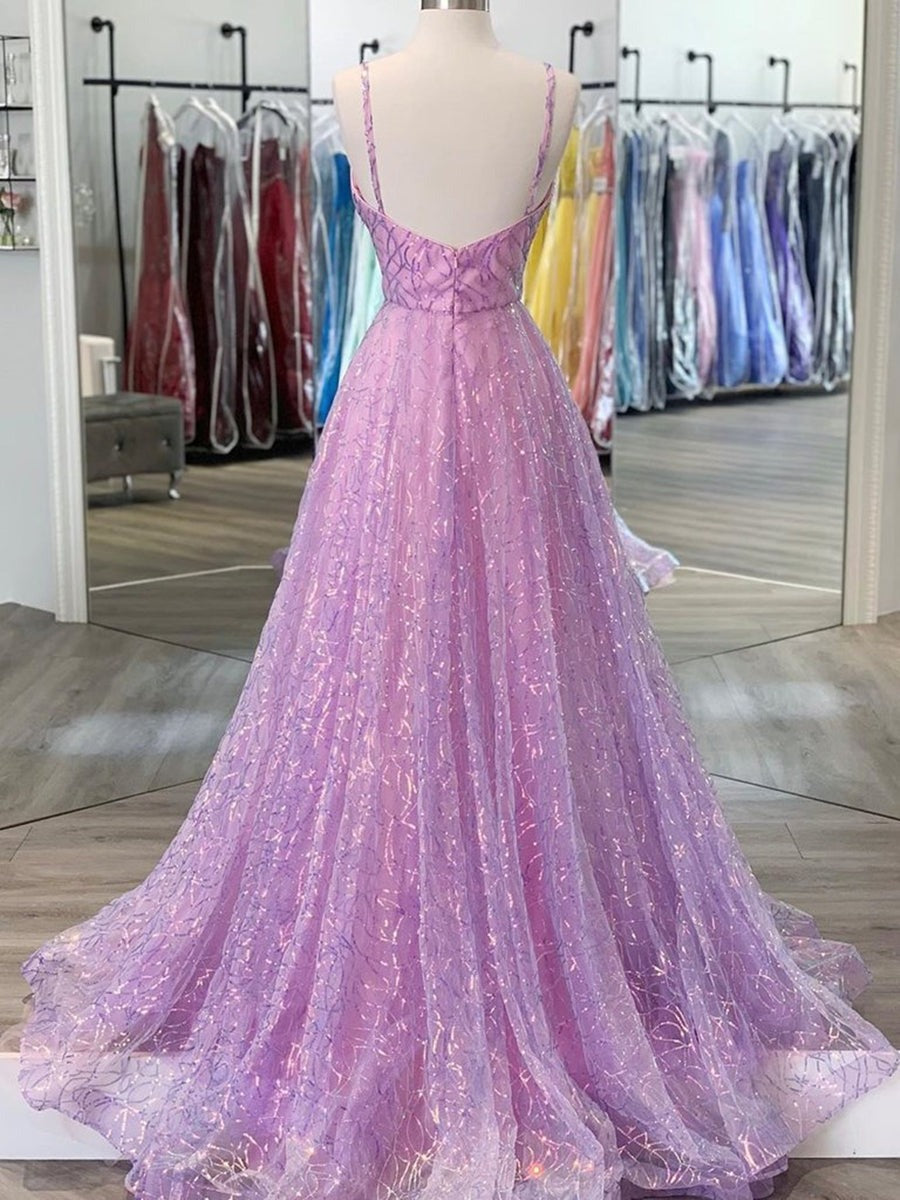 Shiny Backless V Neck Prom with Straps,Formal, Evening Dresses