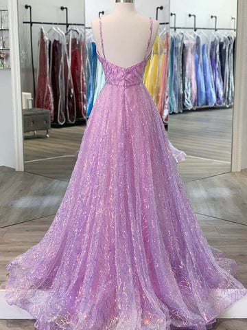 Shiny Backless V Neck Prom with Straps,Formal, Evening Dresses