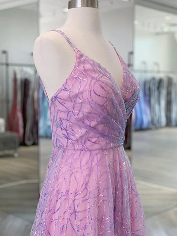 Shiny Backless V Neck Prom with Straps,Formal, Evening Dresses