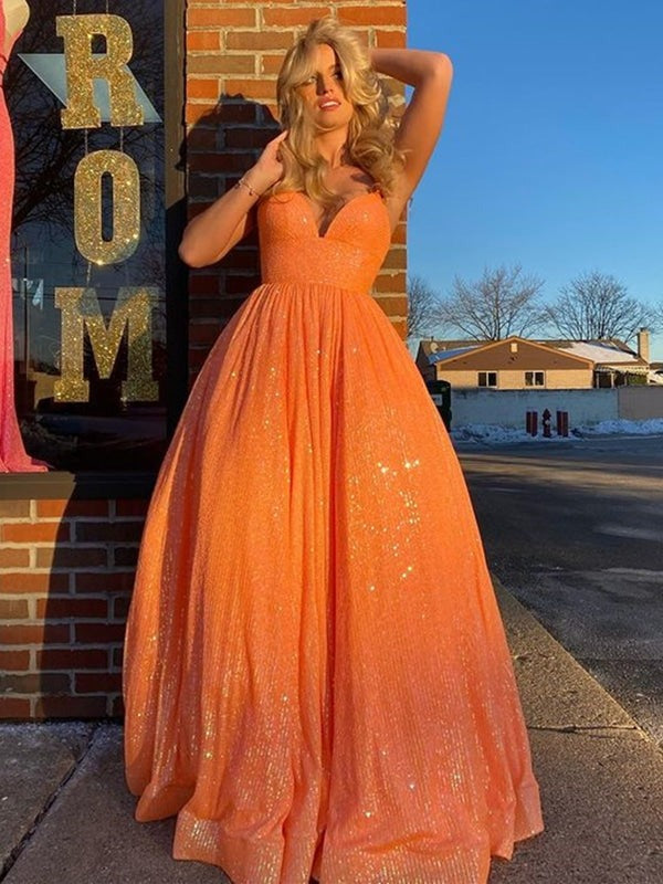 Shiny Backless V Neck Orange Long Prom Dresses,Formal Dresses,Evening Dresses