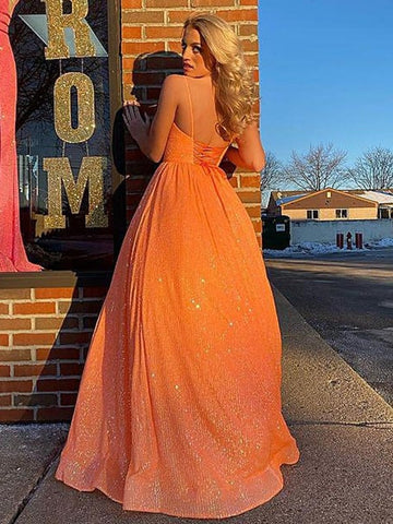Shiny Backless V Neck Orange Long Prom Dresses,Formal Dresses,Evening Dresses