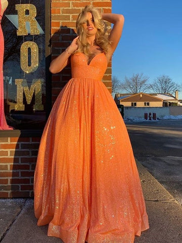 Shiny Backless V Neck Orange Long Prom Dresses,Formal Dresses,Evening Dresses