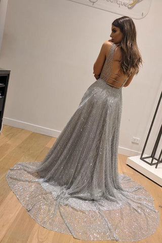 Shiny Backless V Neck Long Prom, Formal Graduation Evening Dresses
