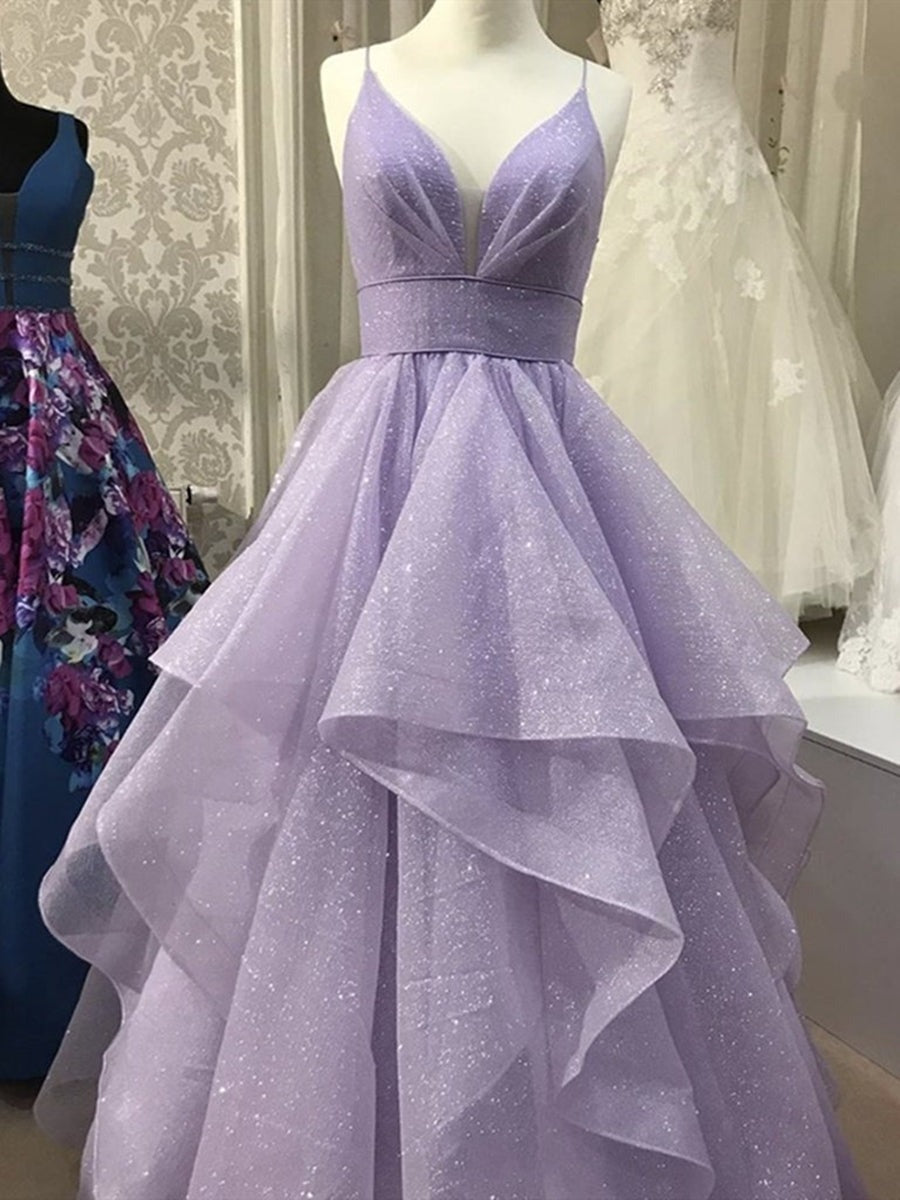 Shiny Long V Neck Puffy  Prom Dresses,Formal Graduation Evening Dresses, Ball