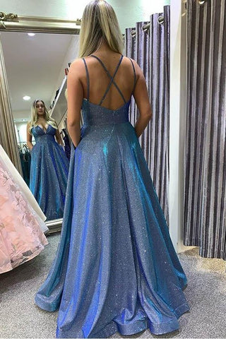 Shiny Spaghetti Straps V Neck Prom Dress With Pocket