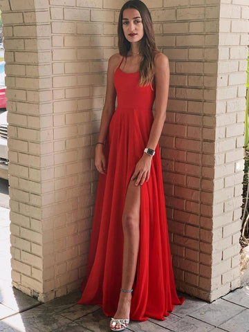 Simple A Line Backless  Long Prom with Leg Slit, Sexy  Formal Graduation Evening