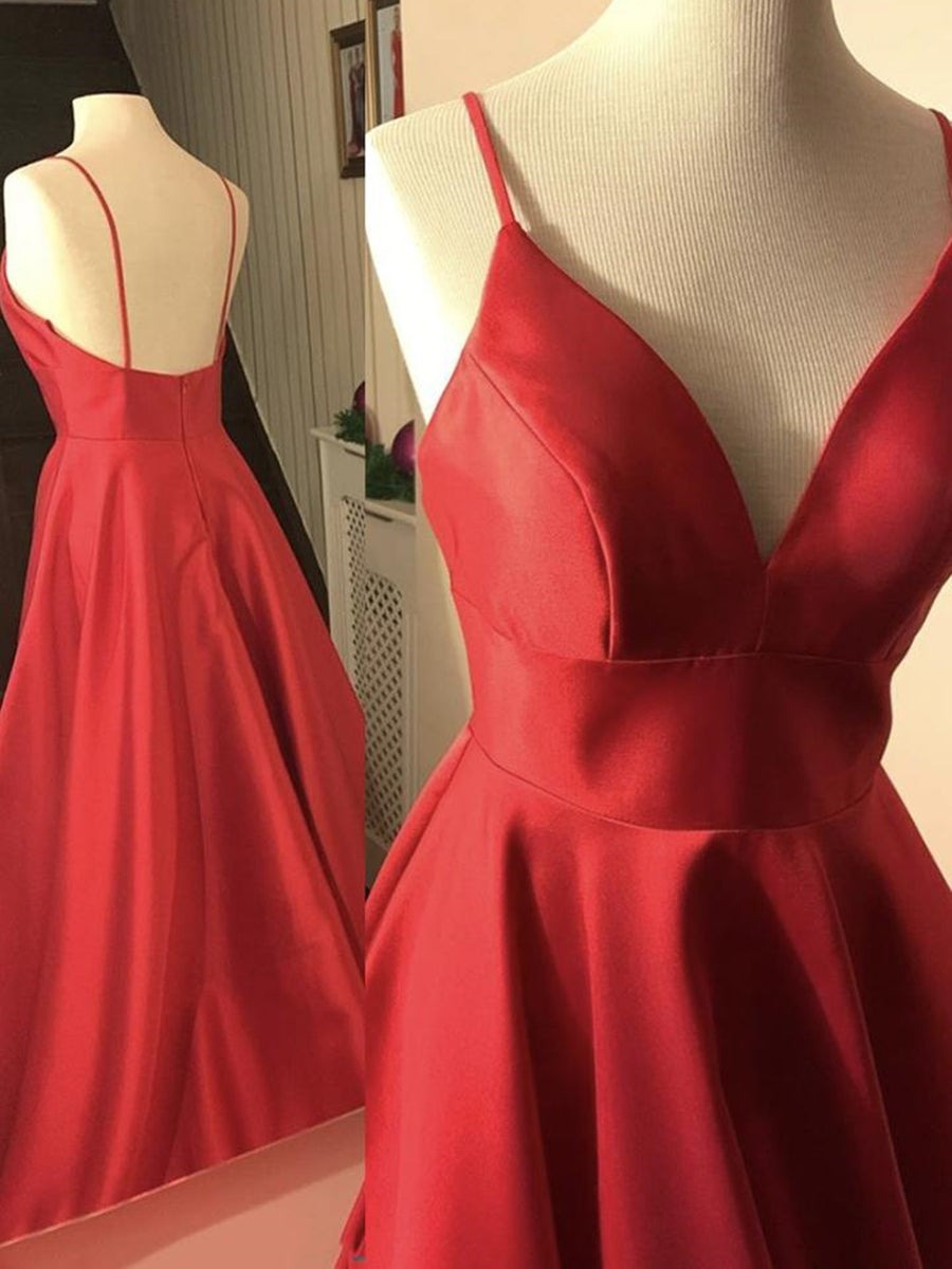 A Line Backless V Neck Satin Long Prom, Formal, Evening Dresses